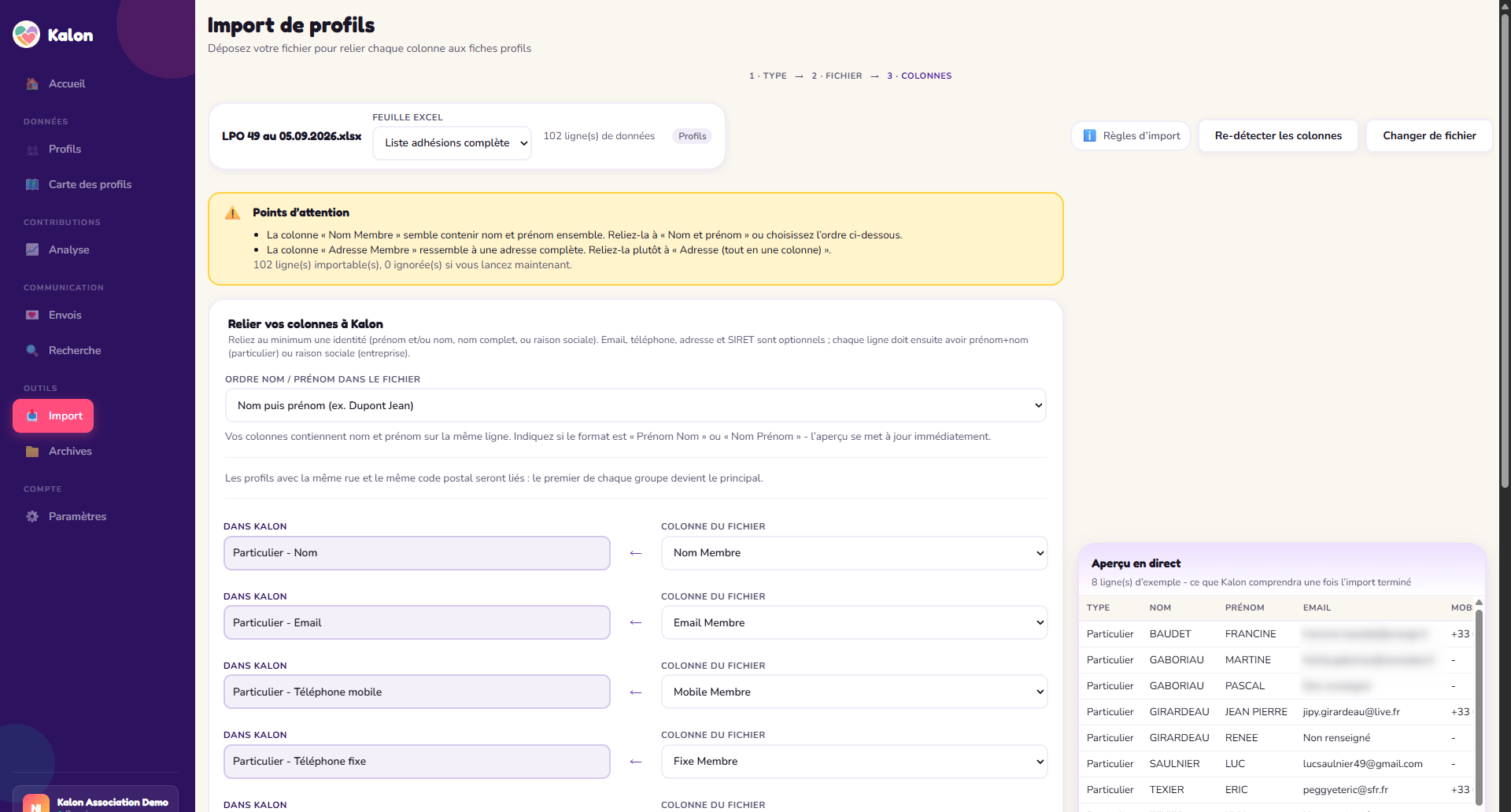 Capture Kalon : Import Excel / CSV